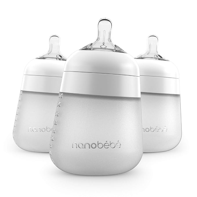 Nanobebe Flexy Silicone Baby Bottle, Anti-Colic, Natural Feel, Non-Collapsing Nipple, Non-Tip Stable Base, Easy to Clean, 3-Pack, White, 9oz-BubblyBeeBaby
