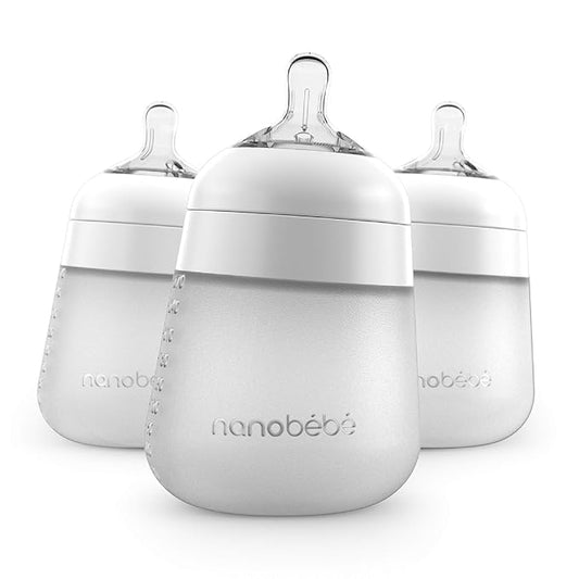Nanobebe Flexy Silicone Baby Bottle, Anti-Colic, Natural Feel, Non-Collapsing Nipple, Non-Tip Stable Base, Easy to Clean, 3-Pack, White, 9oz-BubblyBeeBaby