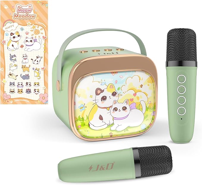 J&D Mini Karaoke Machine for Kids Adults, Portable Bluetooth Speaker with 2 Wireless Mics and Cat Sticker for Girls Boys Age 3–10 Birthday Gifts Princess Toys, Colorful LED, Green-BubblyBeeBaby