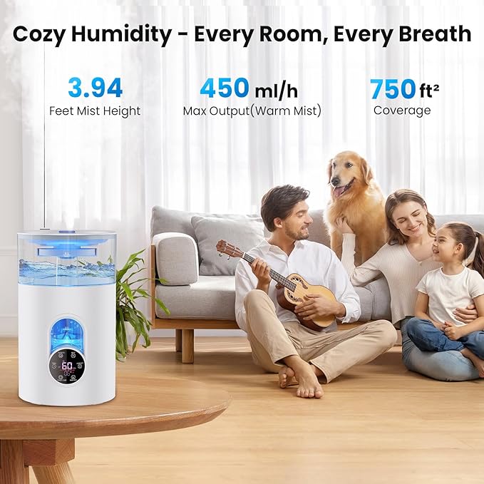 Humidifiers for Bedroom Large Room Home - GloryAir 6L Quiet Top Fill Cool & Warm Mist Humidifier with Smart Humidity Control, Remote Control, 7-Color Light, Humidistat, Oil Diffuser for Plants & Baby-BubblyBeeBaby