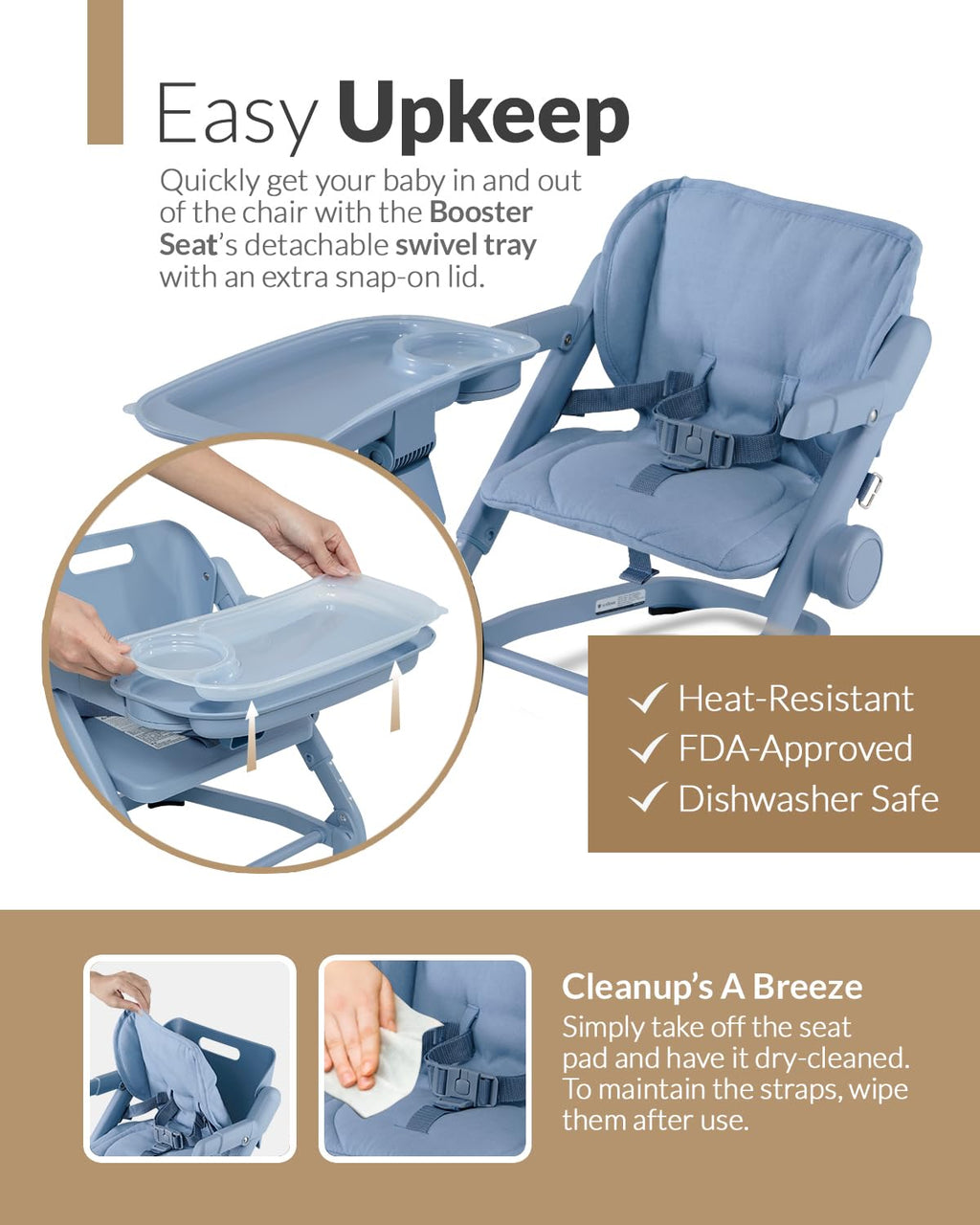 Feed Me 3-in-1 Travel High Chair Booster Seat for Infants and Toddlers - Transitional, Compact & Fits Any Chair, Swivel Tray, Airy Blue