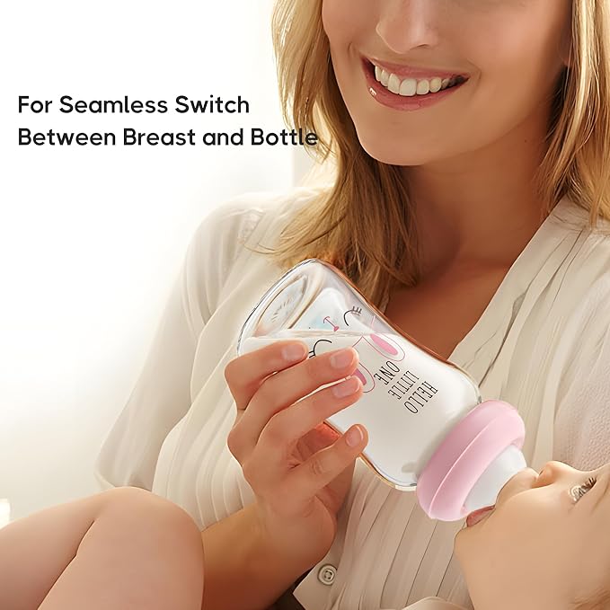 YOHKOH Natural Glass Baby Bottle with Natural Response Nipple, Newborn Anti-Colic Baby Bottles, Wide Neck Mushroom Cap Baby Bottle, Clear ((5.4oz (Pack of 2), Purple)-BubblyBeeBaby