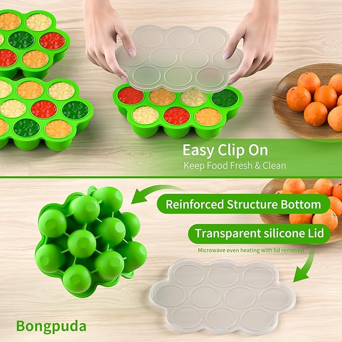 10 Cavities 2 OZ Portions Silicone Baby Food Freezer Tray with Lid,Ice Cube Trays & Molds,Baby Popsicle Mold,Egg Bite Molds,for Freezing and Baking Breast Milk,ice Cube,Egg Bites (Green)-BubblyBeeBaby
