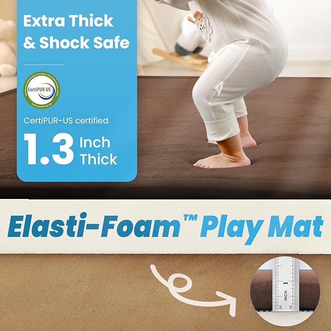 1.3" Thick Baby Play Mat for Floor, 79x79 Large Foam Tummy Time Mat, Padded Support Soft Plush Nursery Rug for Infant Kids Toddler Crawling Kick Activity (Chocolate Brown)-BubblyBeeBaby