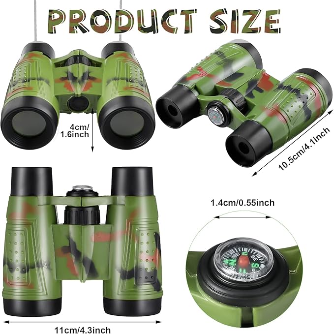25 Pack Binoculars for Kids 6+ Years Old, with Compass and Neck String Toddler Toy Binoculars Gift Set for Camping Adventure, Party Favor, Red, Yellow, Camo, Green, Blue-BubblyBeeBaby