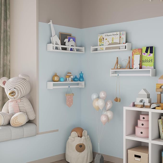 Heimlove Nursery Floating Shelves, White Nursery Book Shelves for Wall, 24 inch Wall Bookshelf for Kids Solid Wood Wall Mounted Shelves for Books,Toys and Decor Storage, Set of 3-BubblyBeeBaby