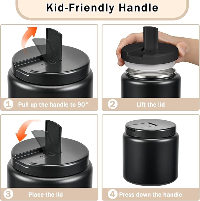 26oz Kids Thermos for Hot Food, Insulated Vacuum Food Jar with Buckle Lid, Stainless Steel Wide Mouth Leak Proof Insulated Lunch Container for School Picnic Travel, Black-BubblyBeeBaby