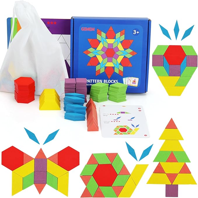 155 Pcs Wooden Pattern Blocks Set Geometric Shape Puzzle Kindergarten Classic Educational Montessori Tangram Toys for Kids Ages 4-8 with 24 Pcs Design Cards-BubblyBeeBaby