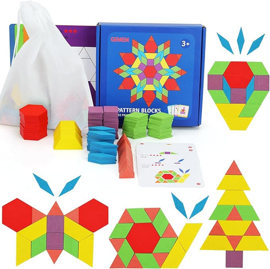155 Pcs Wooden Pattern Blocks Set Geometric Shape Puzzle Kindergarten Classic Educational Montessori Tangram Toys for Kids Ages 4-8 with 24 Pcs Design Cards-BubblyBeeBaby