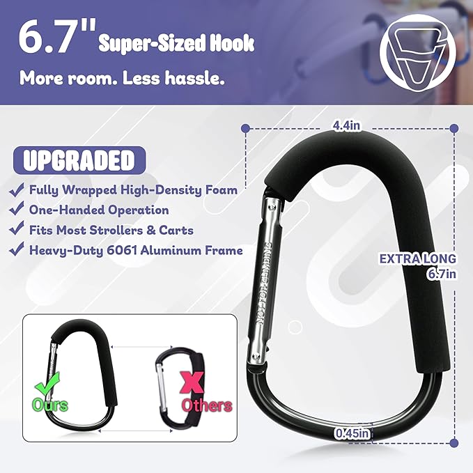 sprookber 6.7 Inch Large Stroller Hooks for Diaper Bags & Purses, Heavy Duty Mommy Hooks for Shopping, Grocery, Backpack – Baby Stroller Accessories, Set of 2 (Black)-BubblyBeeBaby