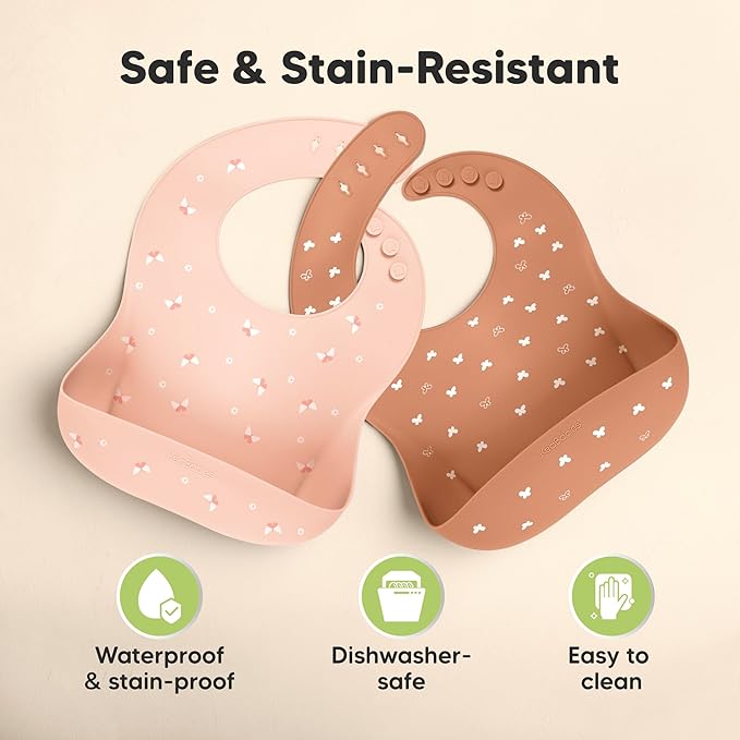 KeaBabies 2-Pack Silicone Baby Bibs for Eating - Sturdy Food-Grade Silicone Bibs for Babies Girl, Boy, Large Food Catcher, Clean & Put On Easily, Waterproof Toddler Feeding Essentials (Butterflies)-BubblyBeeBaby