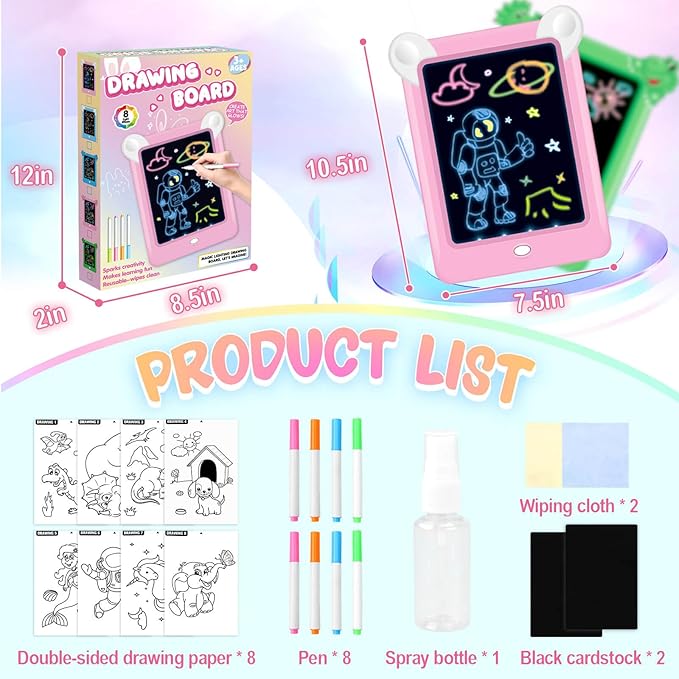 2 Pack Magic Led Drawing Boards for Kids: Light Up Tracing Pad, 8 Light Modes, Drawing Pads for Kids Ages 4-8 with Tracing Cards Markers, Arts Crafts Learning Toy Ideal Gift Toy for Boys Girls-BubblyBeeBaby
