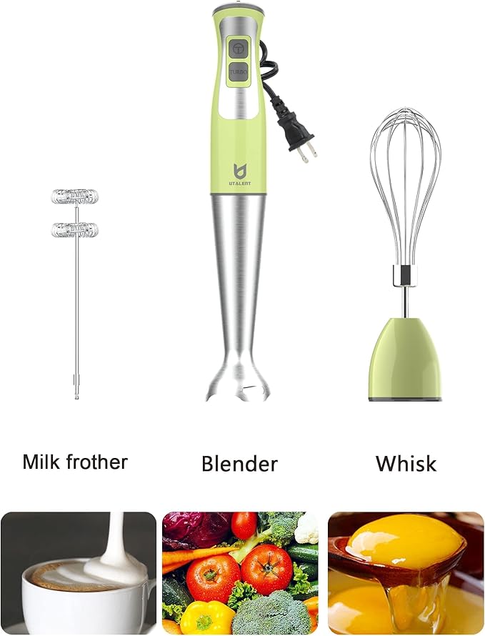 Immersion Hand Blender, UTALENT 3-in-1 8-Speed Stick Blender with Milk Frother, Egg Whisk for Coffee Milk Foam, Puree Baby Food, Smoothies, Sauces and Soups - Green-BubblyBeeBaby