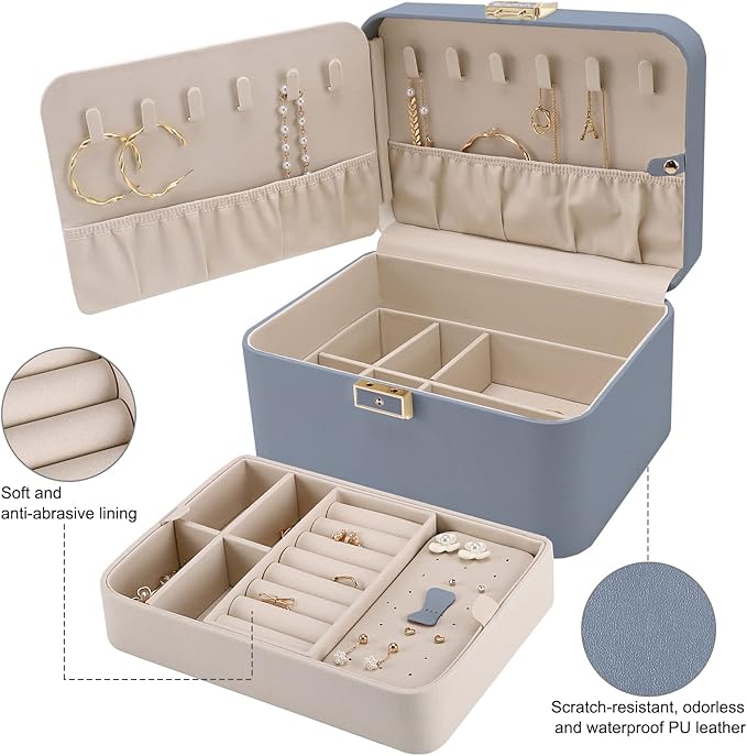 KAMIER Jewelry Organizer Box, 2 Layers PU Leather, Large Capacity, Double Lock and Large Mirror, Hidden Necklace Hooks, Removable Dividers, Gift Box Packaging,Bluish Grey-BubblyBeeBaby