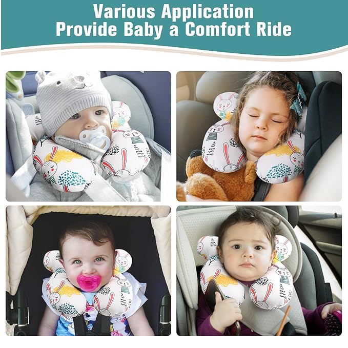 vocheer Baby Travel Pillow(Upgraded), Head and Neck Support Pillow for Pushchair, Car Seat,Stroller, Bouncer, Cotton(Rabbit)-BubblyBeeBaby