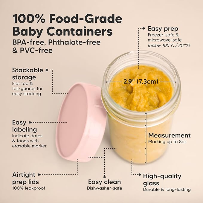 KeaBabies 4pk 8oz Glass Baby Food Containers with Lids - Leak-Proof, Microwavable Small Glass Jars, Baby Purees & Toddler Snack Storage Containers, BPA-Free, Dishwasher & Freezer Safe (Roseate)-BubblyBeeBaby
