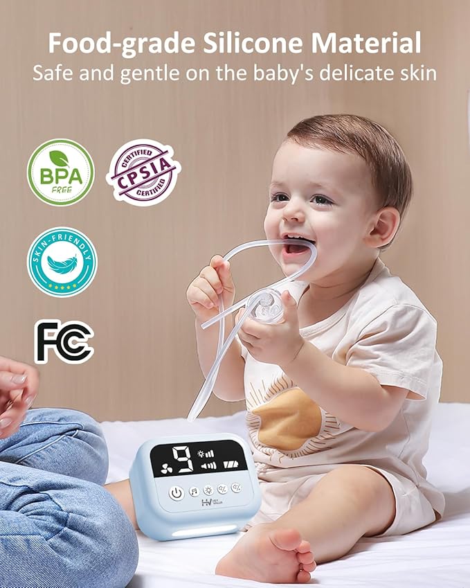 HEYVALUE Nasal Aspirator for Baby, Hospital Grade Nose Sucker with 9 Levels Suction, Night Light and Nursery Rhyme Soothing, Electric Nose Suction for Baby with Food-Grade Silicone Tips Blue-BubblyBeeBaby