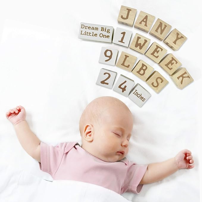 I'm Solid Wood Monthly Weekly Baby Milestone Age Blocks, Personalized Own Name, Gender Neutral, Newborn Gifts & Keepsakes for Picture Props (1.9" / 18 Pcs/Brown)-BubblyBeeBaby