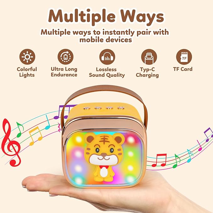Karaoke Machine for Kids, Portable Mini Karaoke Machine with 2 Wireless Microphones, 4 5 6 7 8 9 10 Years Old Girl Boy Easter Christmas Birthday Gift Tiger Speaker Toys-BubblyBeeBaby