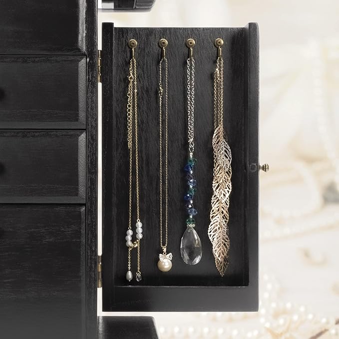 Jewelry Box for Women, Rustic Wooden Jewelry Boxes & Organizers with Mirror, 4 Layer Jewelry Organizer Box Display for Rings Earrings Necklaces Bracelets (Black)-BubblyBeeBaby