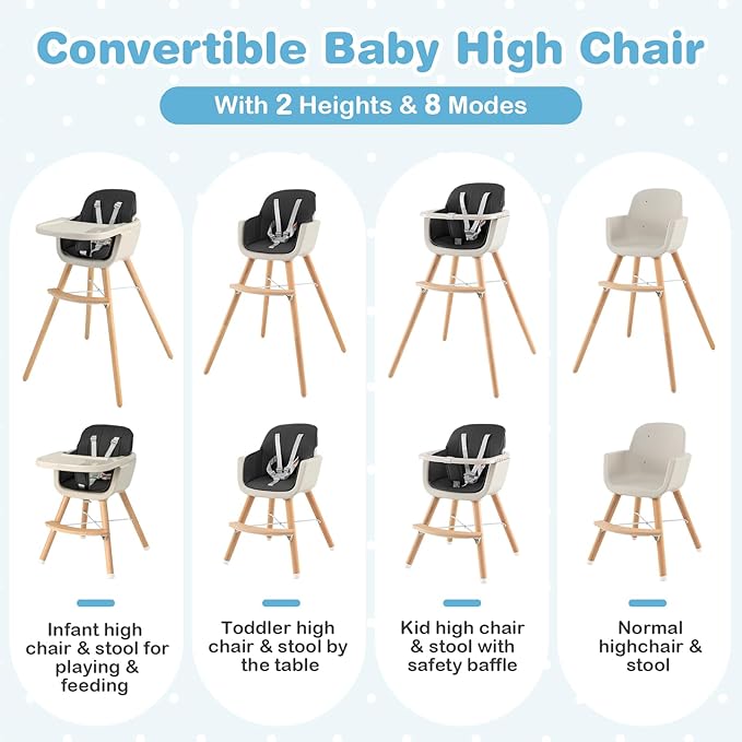 HONEY JOY Baby High Chair, 6-in-1 Eat & Grow Wooden Highchair/Toddler Chair with Removable Tray, 5-Point Harness, PU Cushion and Footrest, Convertible High Chair for Babies and Toddlers(Black)-BubblyBeeBaby