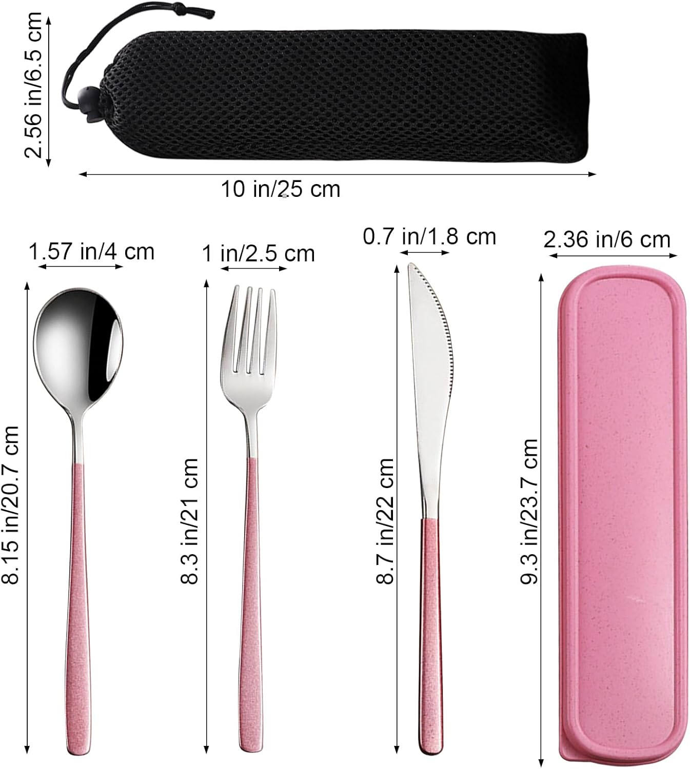 VANRA 3-Piece Portable Travel Utensils Set with Case 18/8 Stainless Steel Flatware Set Reusable Cutlery Set with Fork Spoon Knife for Lunch Travel Camping School Work Picnic (Pink)
