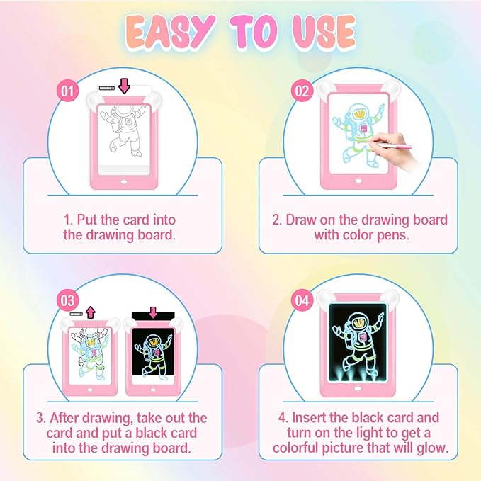 2 Pack Magic Led Drawing Boards for Kids: Light Up Tracing Pad, 8 Light Modes, Drawing Pads for Kids Ages 4-8 with Tracing Cards Markers, Arts Crafts Learning Toy Ideal Gift Toy for Boys Girls-BubblyBeeBaby