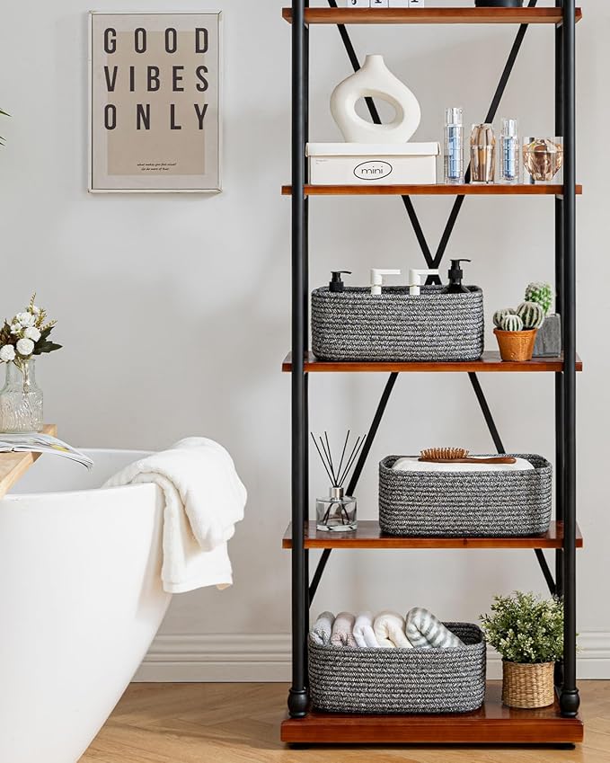 KALLAX Small Woven Basket, 13.5 x 9.5 x 5 Inches, Storage Basket for Organizing, Cute Small Rope Shelf Closet Cube Storage Bins Baskets for Shelves, Dog Toy Gift Baskets Empty, 3 Pack Mixed Black-BubblyBeeBaby