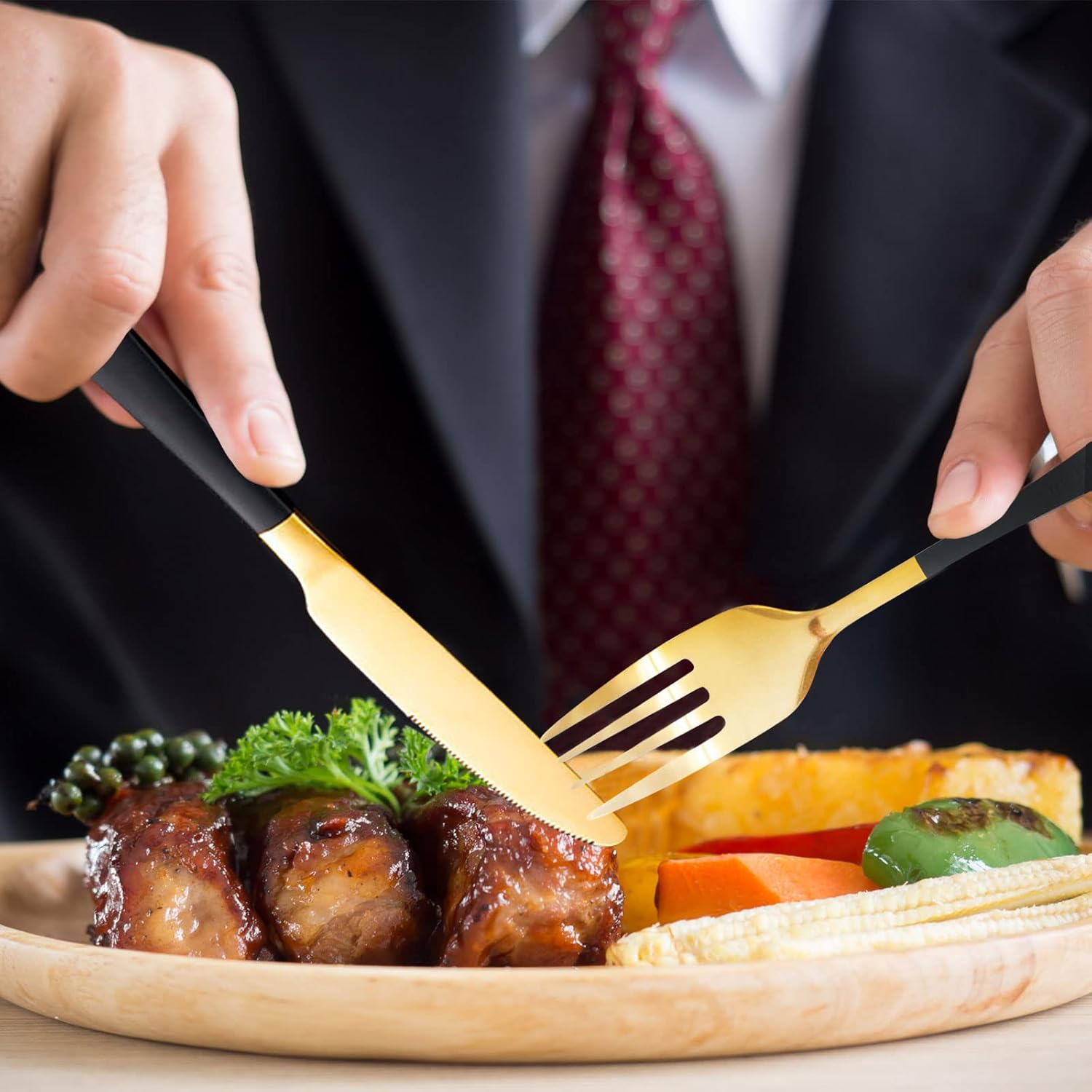 Black Portable Flatware Cutlery Set, TWUTGAYW Stainless Steel Travel Utensils with Case, Reusable Chopsticks Knife Spoons and Forks Set, Gold Camping Utensils Set for Lunch, Office, School, Picnic