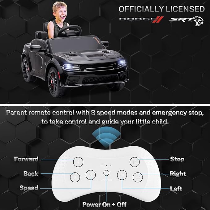 12V 7Ah Kids Electric Ride on Car, Licensed Dodge Charger SRT Hellcat, Battery Powered 4-Wheels Toy Car Electric Vehicle for Kids with Remote Control, 3 Speeds, LED Lights, Music (Black)-BubblyBeeBaby