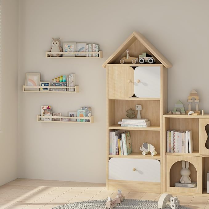 Heimlove Nursery Floating Shelves, Wood Nursery Book Shelves for Wall, 32 inch Wall Bookshelf for Kids Solid Wood Shelves for Books,Toys and Decor Storage, Set of 3-BubblyBeeBaby