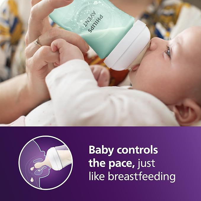 Philips Avent Natural Baby Bottles with Natural Response Nipples (Medium Flow, Flow 3), 9oz, Teal, 4-Pack, SCY903/44-BubblyBeeBaby