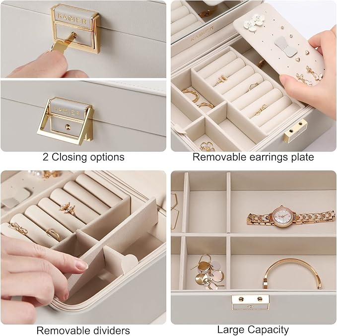 KAMIER Jewelry Box, 2 Layers PU Leather Jewelry Organizer Box, Large Capacity, Double Lock and Large Mirror, Hidden Necklace Hooks, Removable Dividers, Grey-BubblyBeeBaby