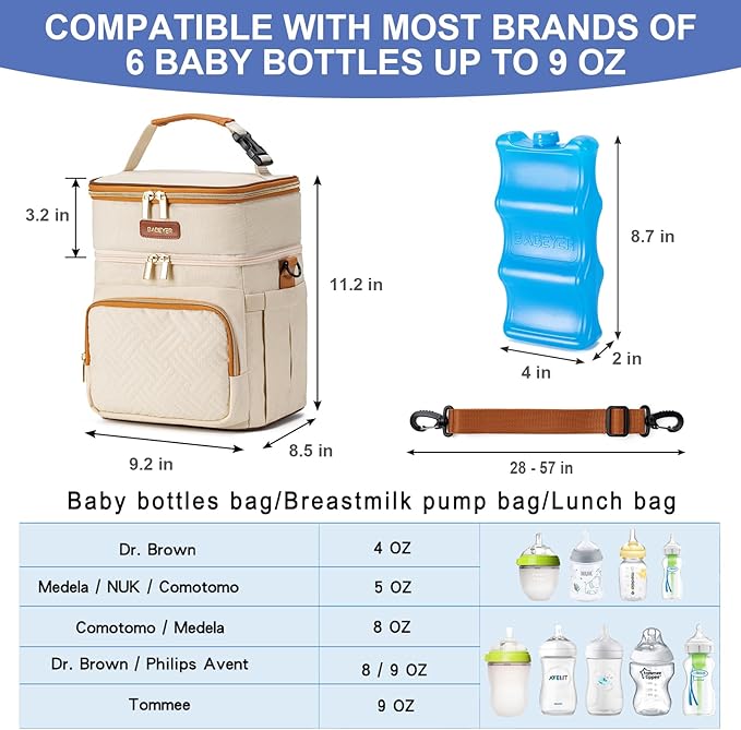 Insulated Breastmilk Cooler Bag with Ice Pack - Holds 6x9oz Bottles, Leakproof Double Layer, Baby Bottle Cooler Bag with Adjustable Strap for Nursing Moms, Daycare & Travel-BubblyBeeBaby