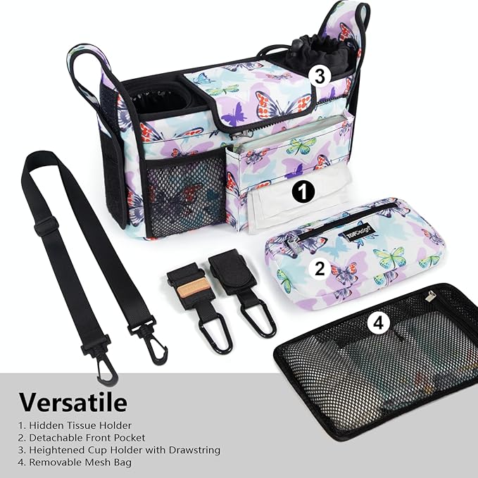 TOPDesign Universal Baby Stroller Organizer, Stroller Caddy with Detachable Mesh Bag & Heightened Insulated Cup Holders & Non-Slip Secure Hooks Accessories, Fits Most Strollers (Butterfly)-BubblyBeeBaby