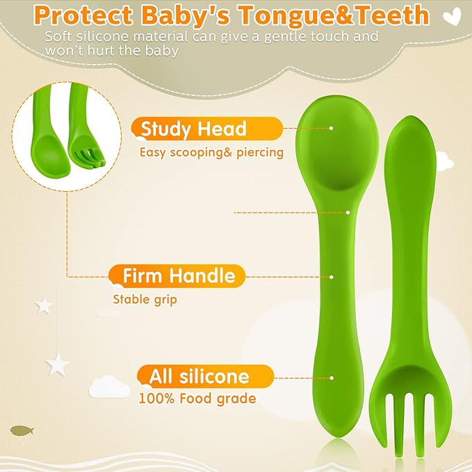 10 Pieces Baby Led Weaning Spoons and Forks Set Infant Silicone Spoon First Self Feed Baby training Utensils for Toddler First Stage Feeding Supplies for Kids Over 6 Months, 5 Pairs(Fresh Colors)-BubblyBeeBaby