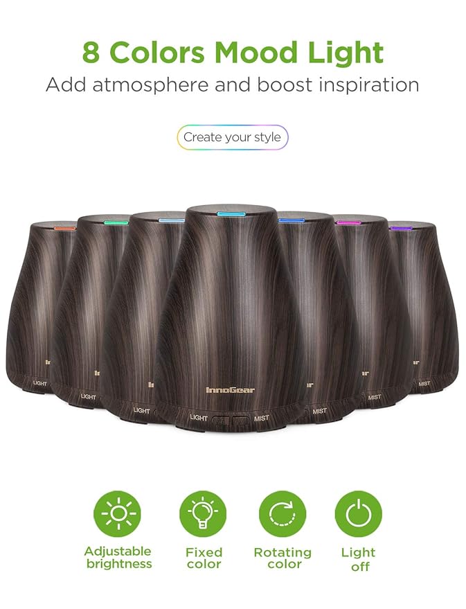 InnoGear Essential Oil Diffuser with Oils, 100ml Aromatherapy Diffuser with 6 Essential Oils Set, Aroma Cool Mist Humidifier Gift Set, Dark Wood Grain-BubblyBeeBaby