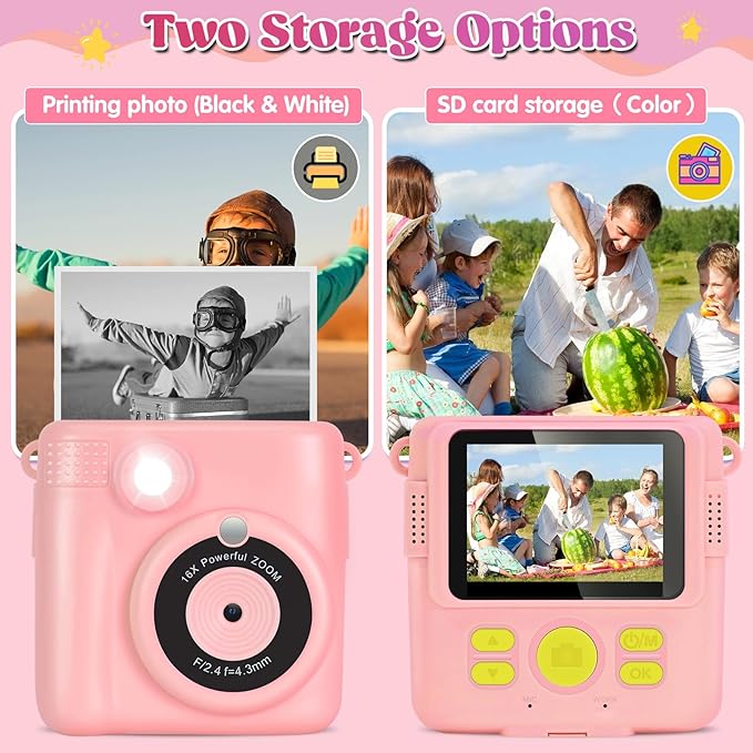 Instant Print Camera for Kids - 2.4 Inch Kids Camera Instant Print with Paper & 32G Card- Digital Children Toys as Christams Birthday Gifts for Girls Boys Age 3-12 - Pink-BubblyBeeBaby