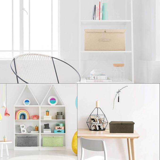 2 Pack Storage Boxes with Lids and Handles, Collapsible Linen Storage Bins Organizer Containers Baskets Cube with Removable Divider for Home Bedroom Closet Office (Cream, Large)-BubblyBeeBaby