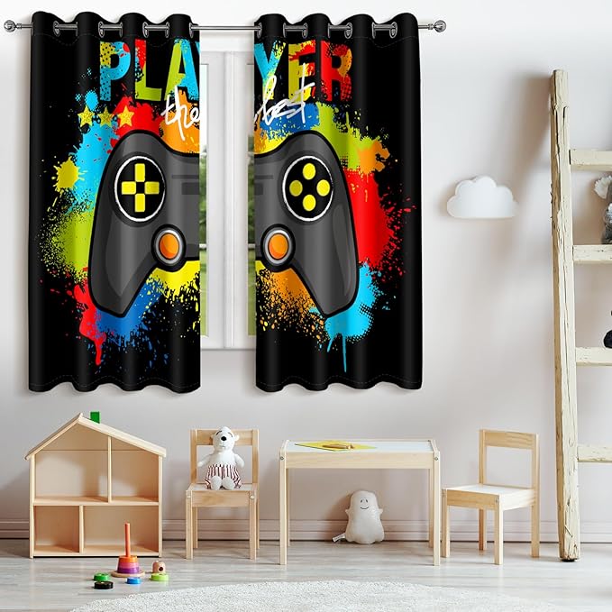 Jekeno Gaming Game Controller Blackout Curtains - Colorful Gamer Gamepad Decor for Kids Boys Teens Teenager Bedroom Home Living Room Darkening Grommet Window Drapes 2 Panel Set, 42"x63"-BubblyBeeBaby