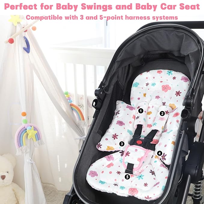 Infant Car Seat Insert with 3 Strap Covers, 3 in 1 Reversible Floral Baby Car Seat Head Support for Newborn, Baby Girl Newborn Essentials for Preemie to Infant, Stroller, Swing, Bouncer (Pink)-BubblyBeeBaby