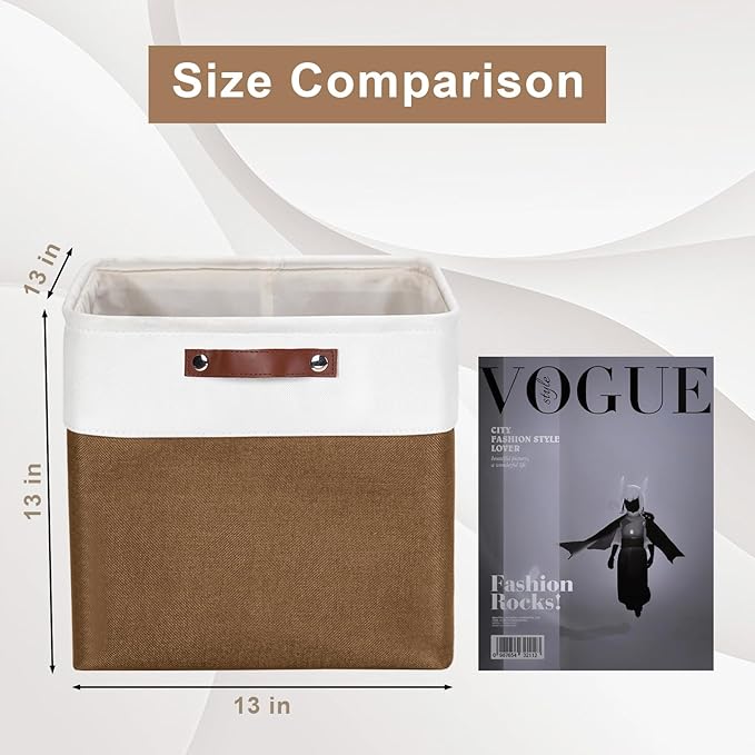 13x13 Cube Storage Bins, Collapsible Fabric Storage Box, 4 Pack Closet Baskets with Handles for Organizing, Shelf, Toys, Clothes, Home, Office, Nursery (Brown&White)-BubblyBeeBaby