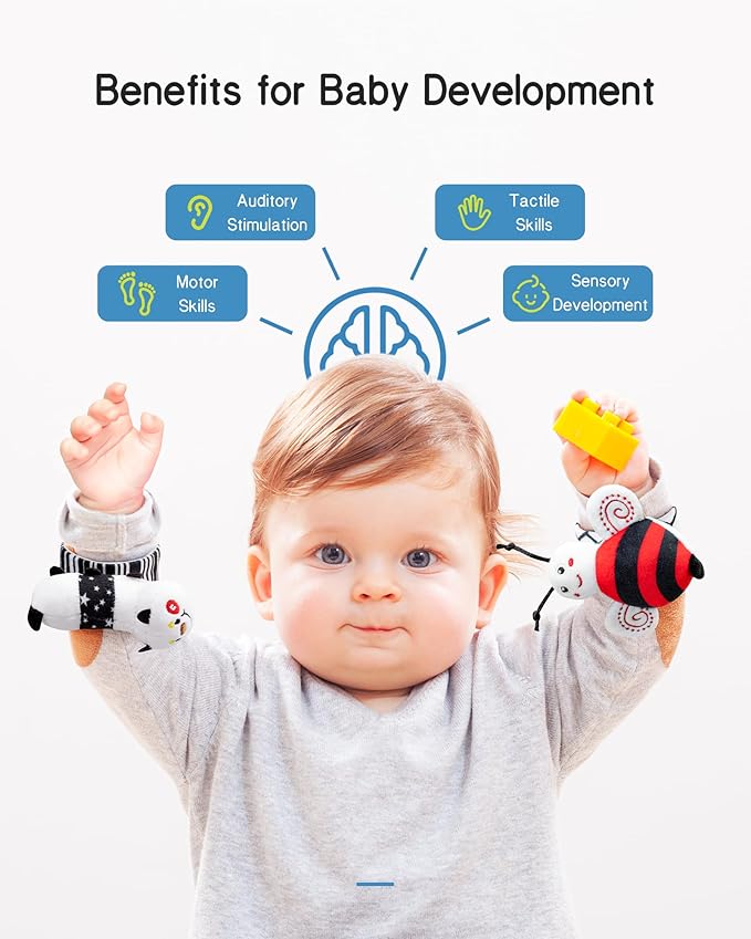 Infinno High Contrast Baby Toys Infant Rattle Socks and Wristband Set, Ideal Baby Sensery Toy Gifts for Newborn 0-12 Months, Perpect Black and White Toys for Boys and Girls As Baby Shower Gifts-BubblyBeeBaby