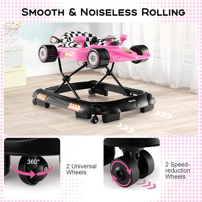 HONEY JOY Baby Walker, 4-in-1 Foldable Infant Activity Push Walker, Toddler Car Walker w/Adjustable Heights, Music, Lights, Removable Tray, Baby Walker with Wheels for Boys Girls 7-14 Months (Pink)-BubblyBeeBaby