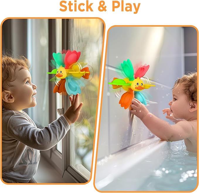 iPlay, iLearn Baby Duck Bath Toy, Toddler Bathtub Suction Water Spinner Gear, Kid Shower Fishing Game W/ Net, Light up Animal, Wind up Swimming Duck, Birthday Gift 6 9 12 Month 1 2 3 Year Old Boy Girl-BubblyBeeBaby