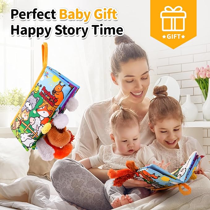 Jollybaby Baby Cloth Books, Touch & Feel Crinkle Soft Books, for Infants Babies, Toddler Early Educational Interactive Stroller Toys, Baby Girl & Boy Gift(Plush Tails)-BubblyBeeBaby
