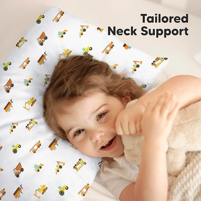 KeaBabies Toddler Pillow with Pillowcase, Jumbo 14X20 - Soft Organic Cotton Toddler Pillows for Sleeping - Machine Washable - Perfect for Travel, Toddler Bed Set (Construction)-BubblyBeeBaby