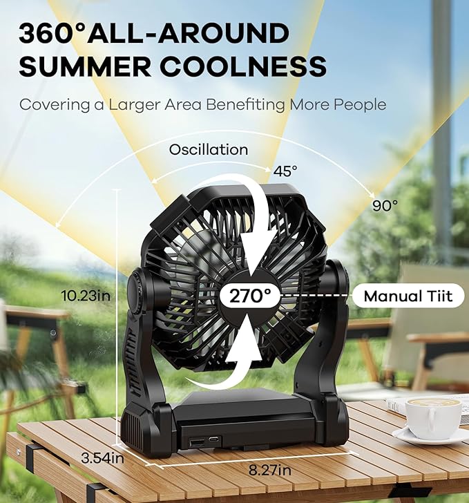 15000mAh Portable Battery Powered Camping Fan - with LED Light, Quiet Battery Operated, Camping Gear for Travel, Tent, Beach, Car or Hurricane Power Outages，Black-BubblyBeeBaby