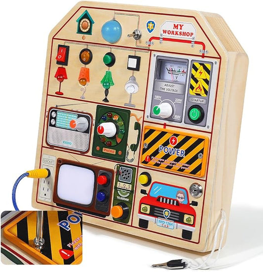 JAUNTY Montessori Wooden Busy Board for Toddlers 3 4 5 Years Old, Wooden Sensory Toddler Toys with LED Light Switches, TV Radio Telegram and Car Driving, Travel Toys Birthday for Boys Girls-BubblyBeeBaby