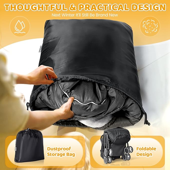 Orzbow Universal Stroller Bunting Bag with Extra Footmuff for Toddler, Kids, Warm Waterproof Stroller Blanket, Winter Cover, Baby Bunting Bag - Protect Babies from Cold Winds, Black-BubblyBeeBaby